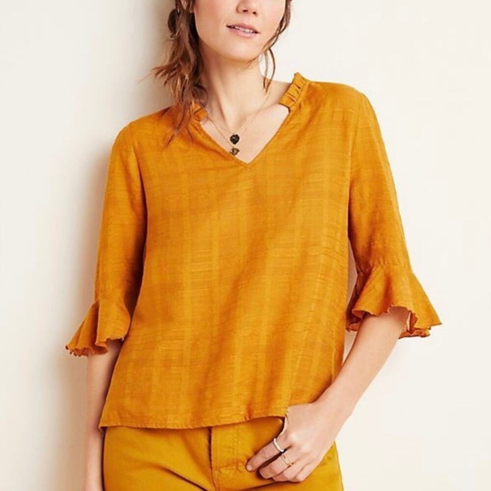 Anthropologie Dolan Tandy Ruffle Top Shirt Burnt Orange Gold Small